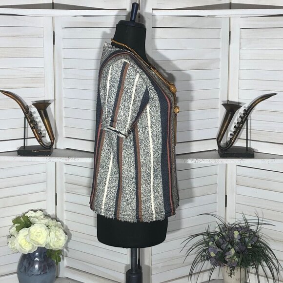 Ann Taylor Boho Blouse Cotton Short Sleeve Striped Gray Blue Cream Small - Picture 3 of 8